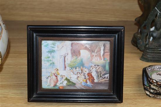 After Rubens, circa 1900, watercolour on ivory, Figures beside a fountain, 9 x 12.5cm